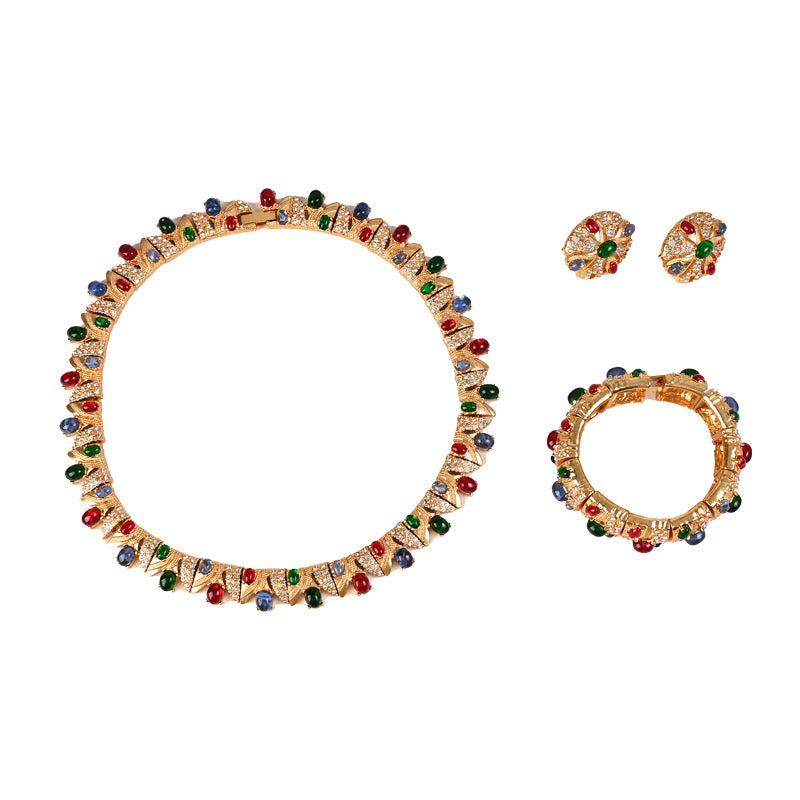 Multiple rhinestone Inlays vintage necklace & earrings & bangle set