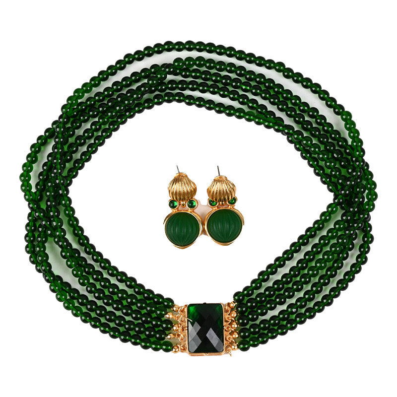 Emerald green crystal glass vintage necklace & earrings set