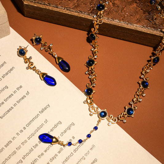 Royal blue dangle vintage necklace & earrings set