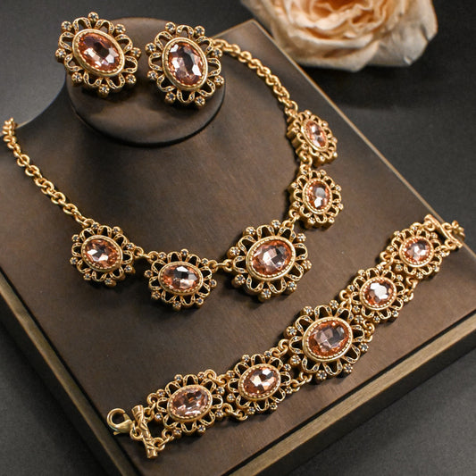 Vintage Baroque Vacuum-Plated Light-Colored Glass Hollow Relief Design Necklace, Bracelet, and Earrings Set