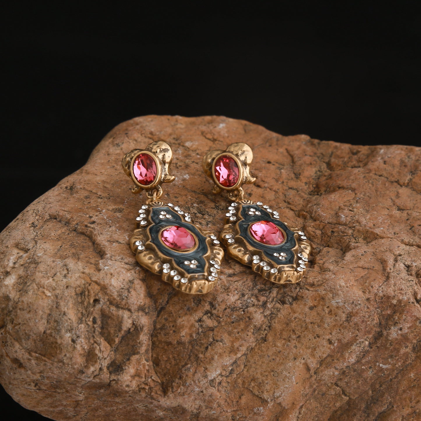 Vintage Rose Quartz Jewelry Set with Diamonds,Luxury Design Necklace, High-End Tassel Earrings with Silver Studs