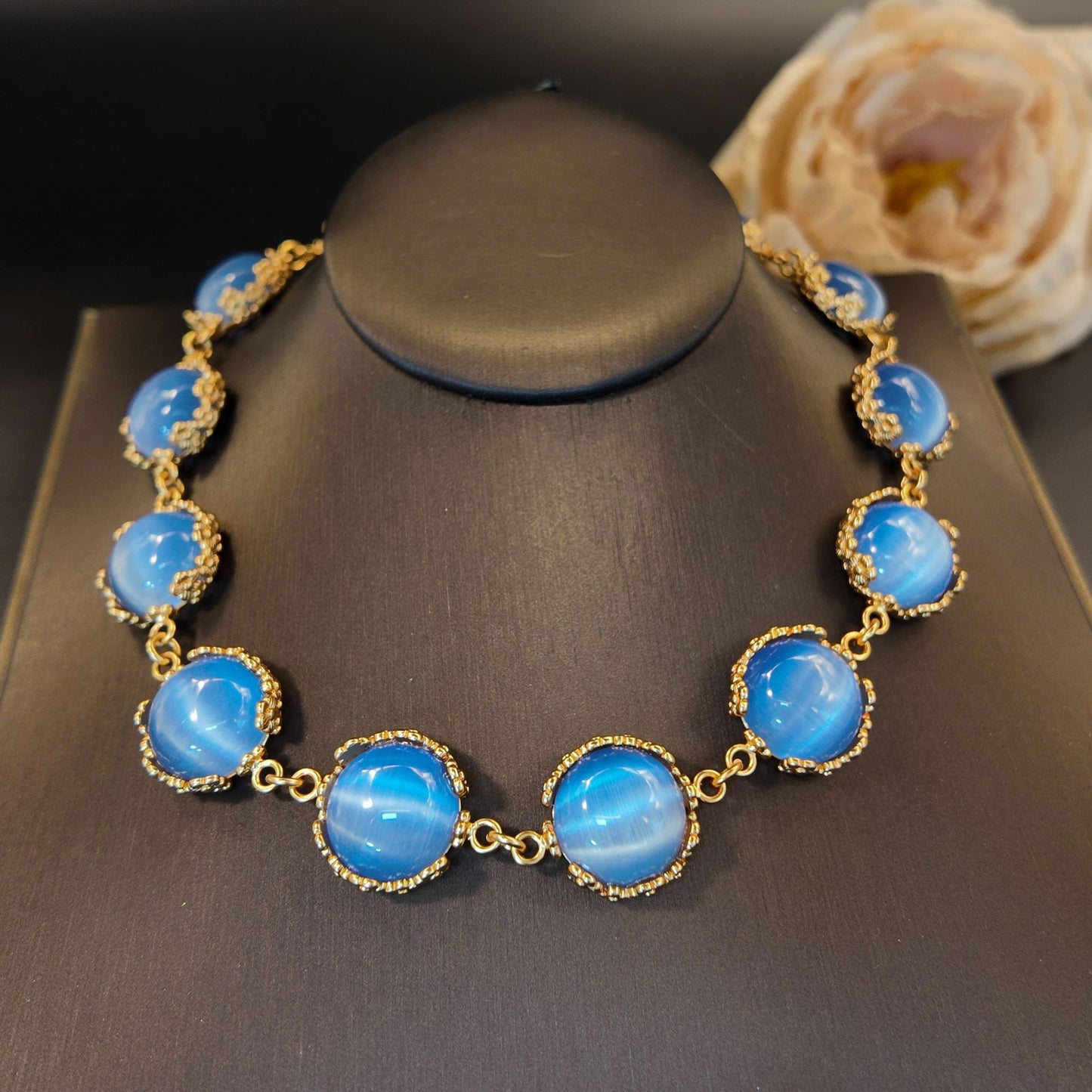 Vintage Blue Cat Eye Stone Flower Embossed Pattern Bracelet and Necklace with Hook Earrings