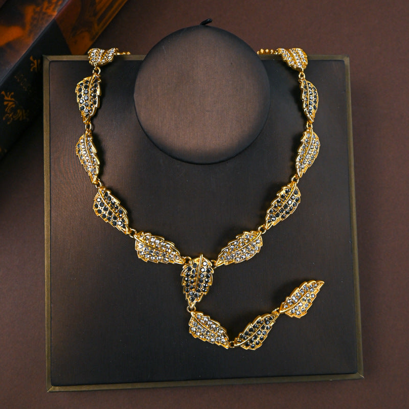 Vintage High-end Niche White and Gray Rhinestone Leaf Earrings, Bracelet, and Necklace Set for Women