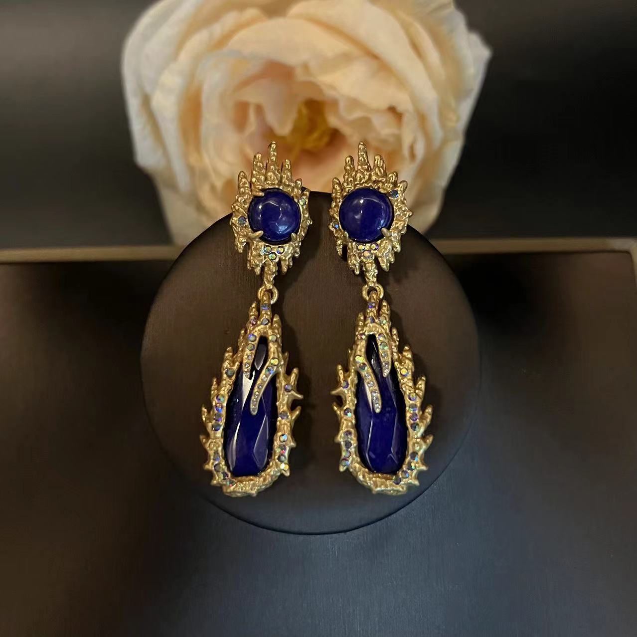 Vintage Natural Lapis Lazuli Earrings for Women, Flame Large Drop Earrings, High-End Earrings and Necklace