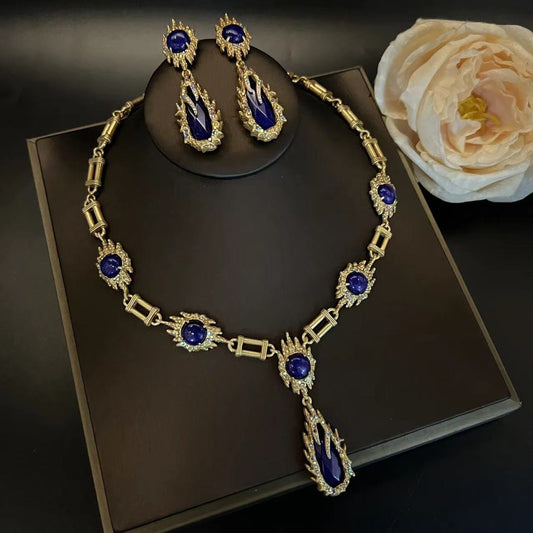 Vintage Natural Lapis Lazuli Earrings for Women, Flame Large Drop Earrings, High-End Earrings and Necklace