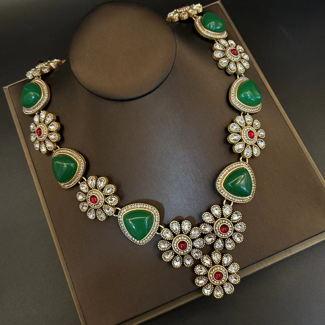 Vintage Luxury Emerald Necklace Set with Rhinestone in Necklace, Earrings and Studs