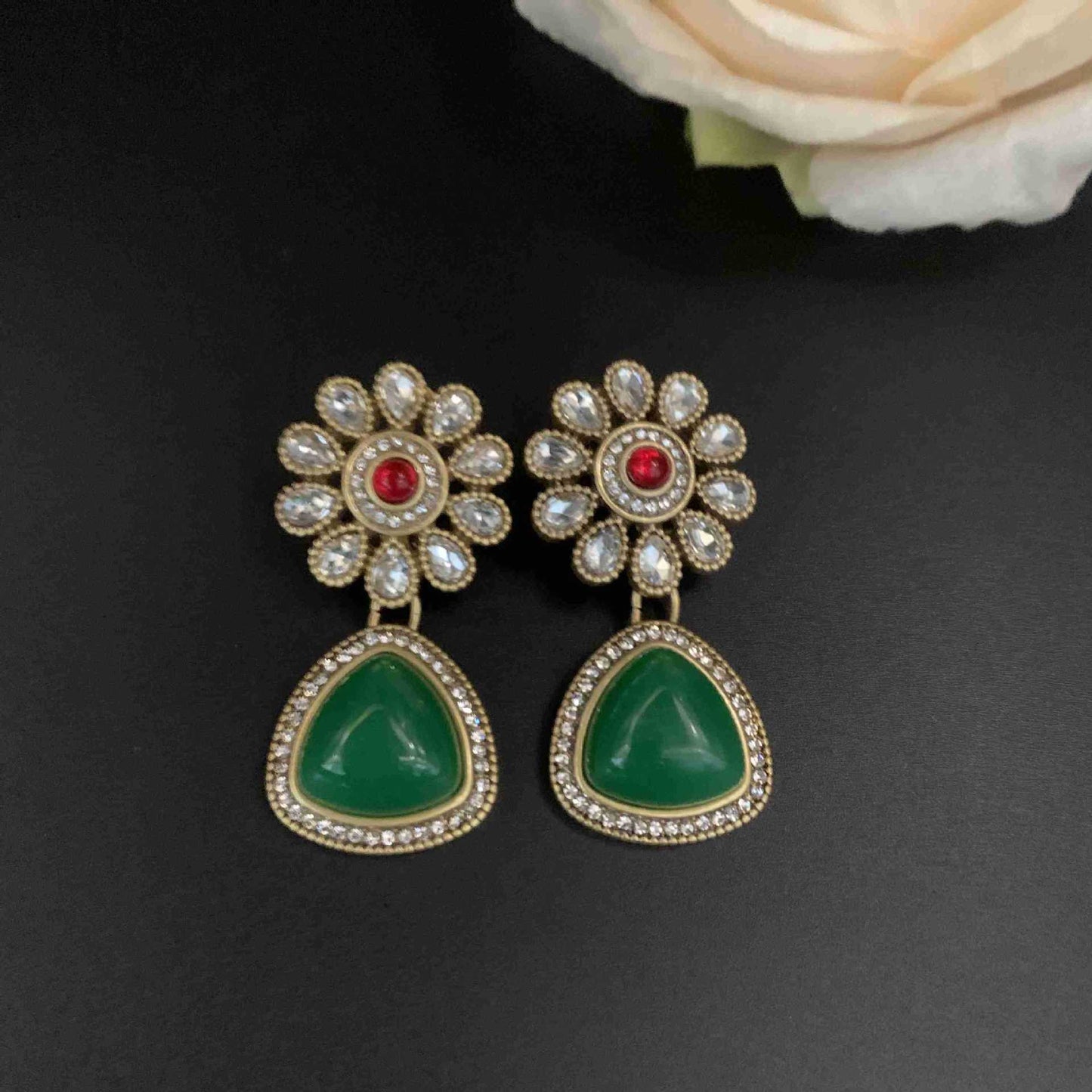 Vintage Luxury Emerald Necklace Set with Rhinestone in Necklace, Earrings and Studs