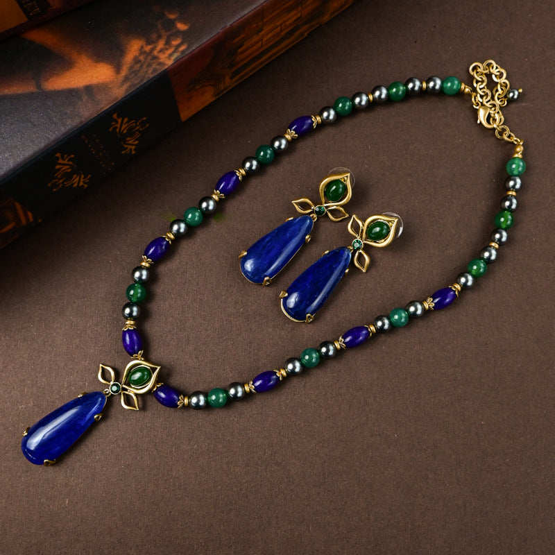 Vintage Nature stone royal blue dangle beaded necklace and dangle earrings set
