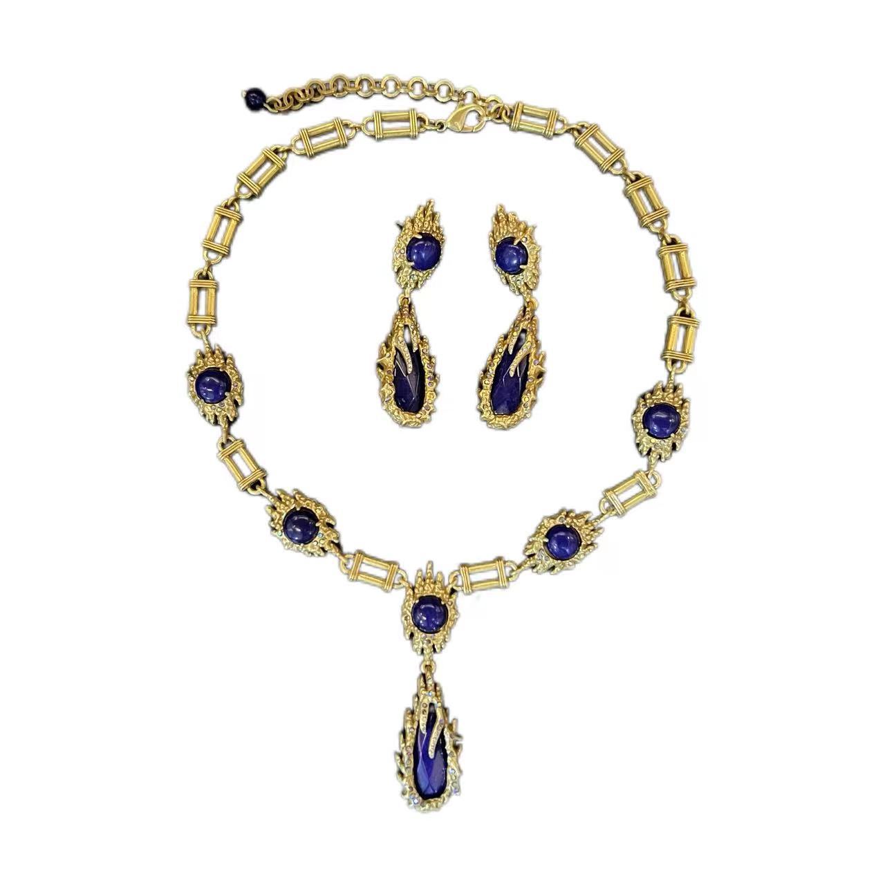 Vintage Natural Lapis Lazuli Earrings for Women, Flame Large Drop Earrings, High-End Earrings and Necklace