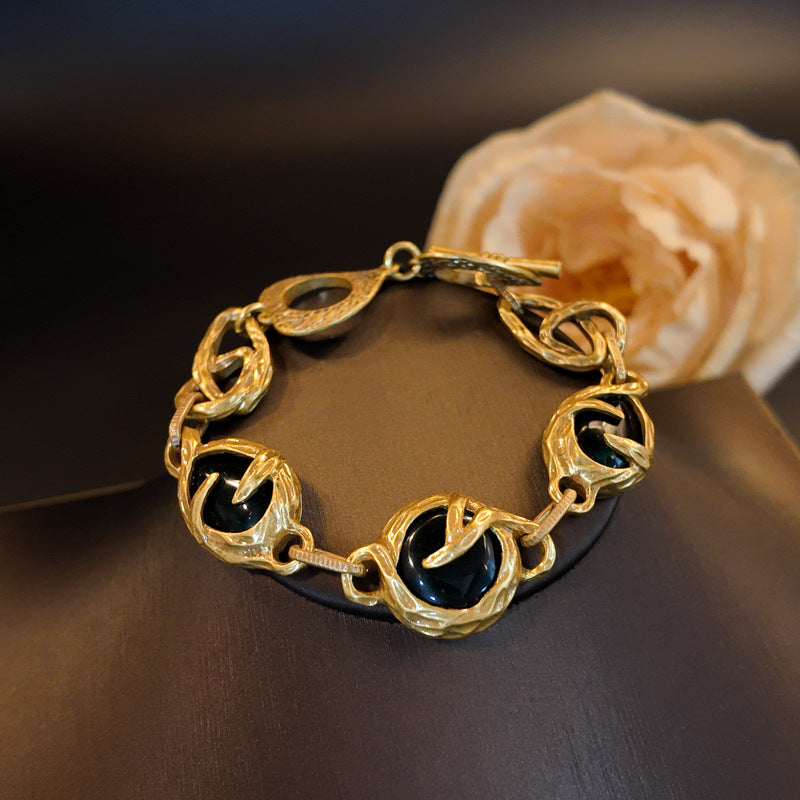 Vintage Blue Rhinestone Bracelet Set with Green Sunflower Stud Earrings, Branch Chain Necklace,and Bracelet