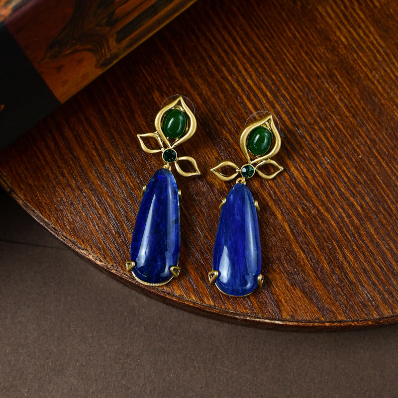 Vintage Nature stone royal blue dangle beaded necklace and dangle earrings set