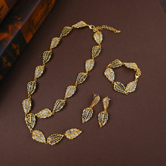 Vintage High-end Niche White and Gray Rhinestone Leaf Earrings, Bracelet, and Necklace Set for Women