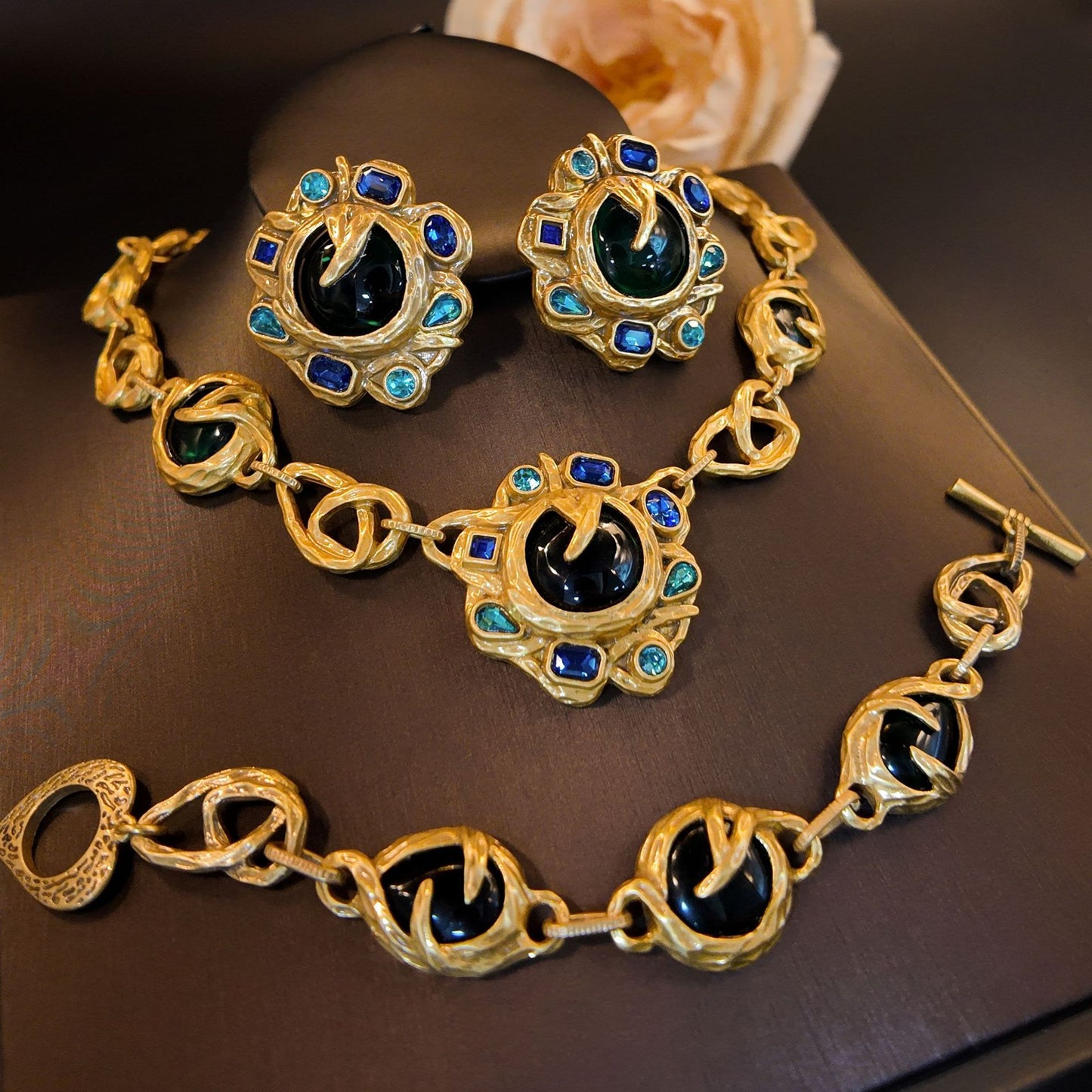 Vintage Blue Rhinestone Bracelet Set with Green Sunflower Stud Earrings, Branch Chain Necklace,and Bracelet