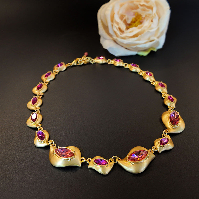 Brushed matte vintage rose red rhinestone teardrop earrings and necklace set