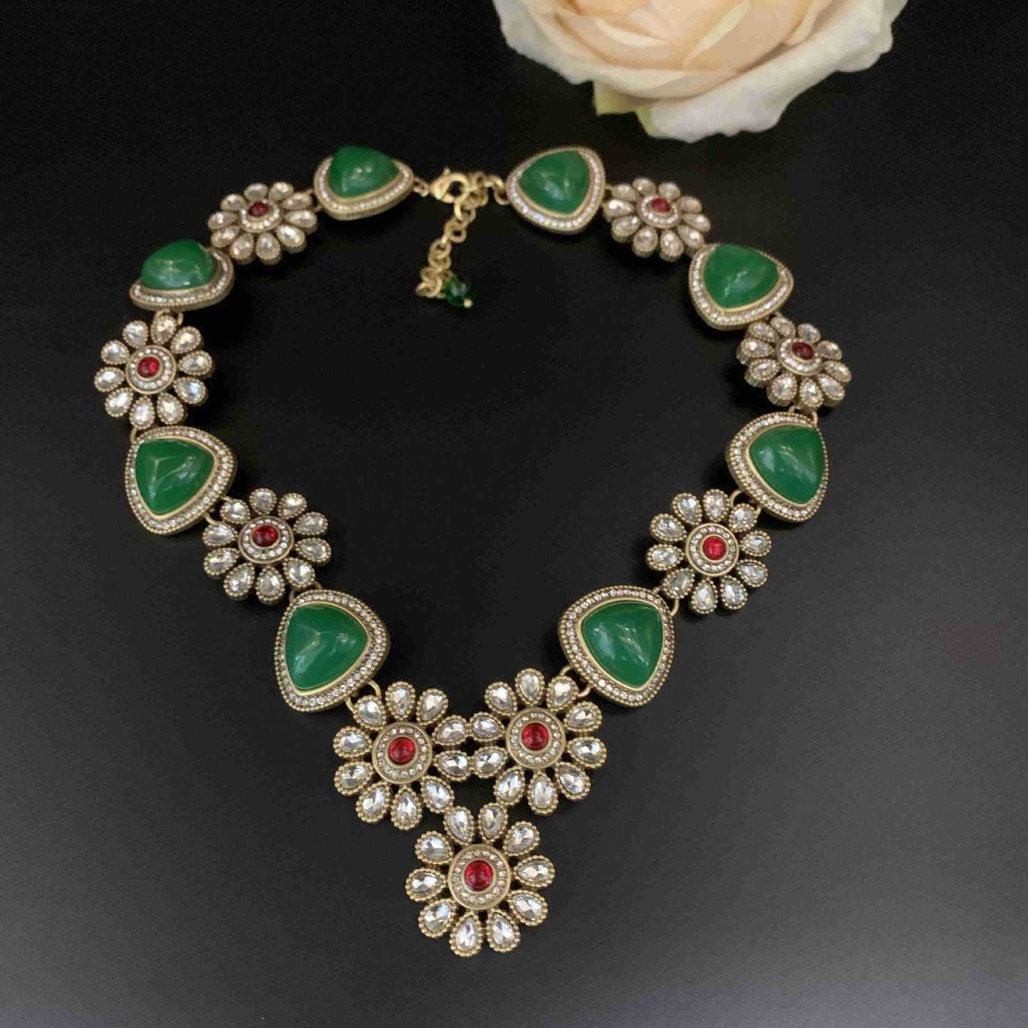 Vintage Luxury Emerald Necklace Set with Rhinestone in Necklace, Earrings and Studs