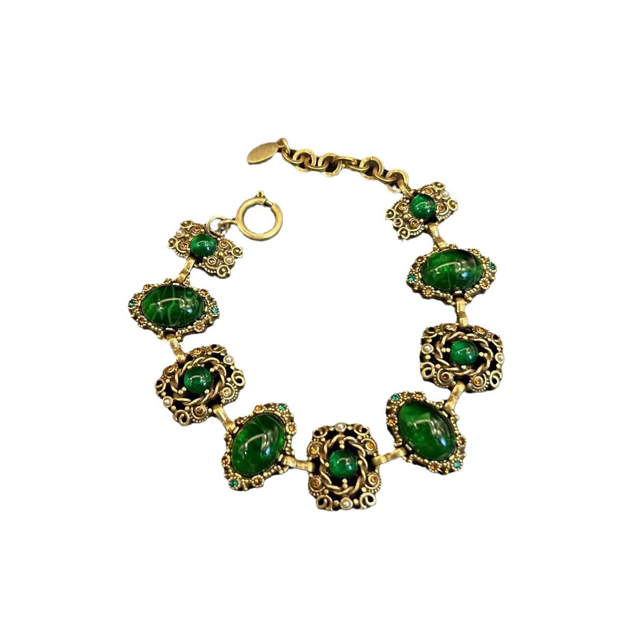 Vintage Green Glass Hollow Diamond-Studded Necklace, Bracelet and Earrings Set
