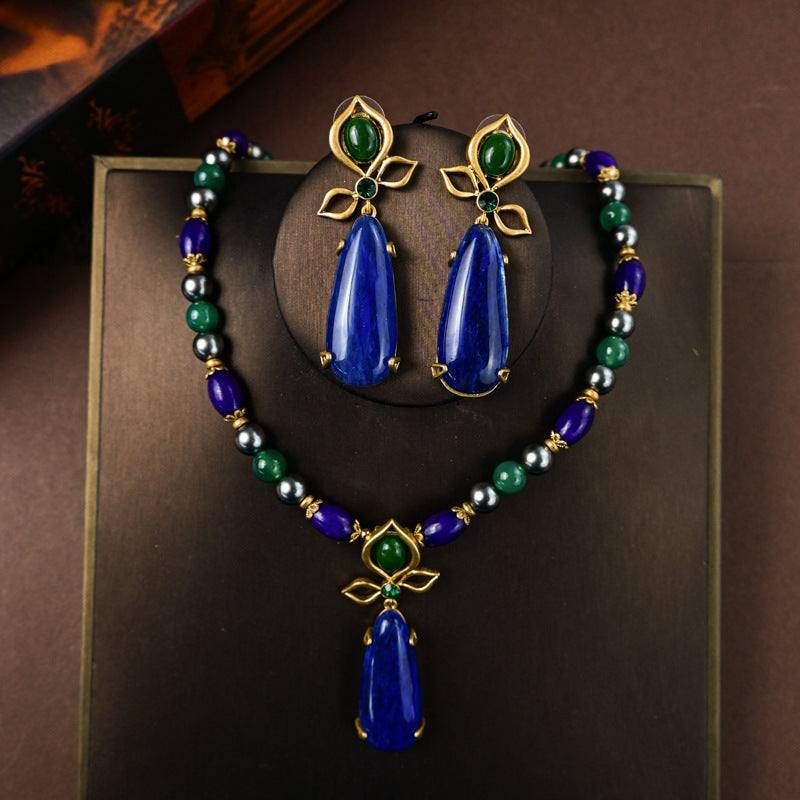 Vintage Nature stone royal blue dangle beaded necklace and dangle earrings set