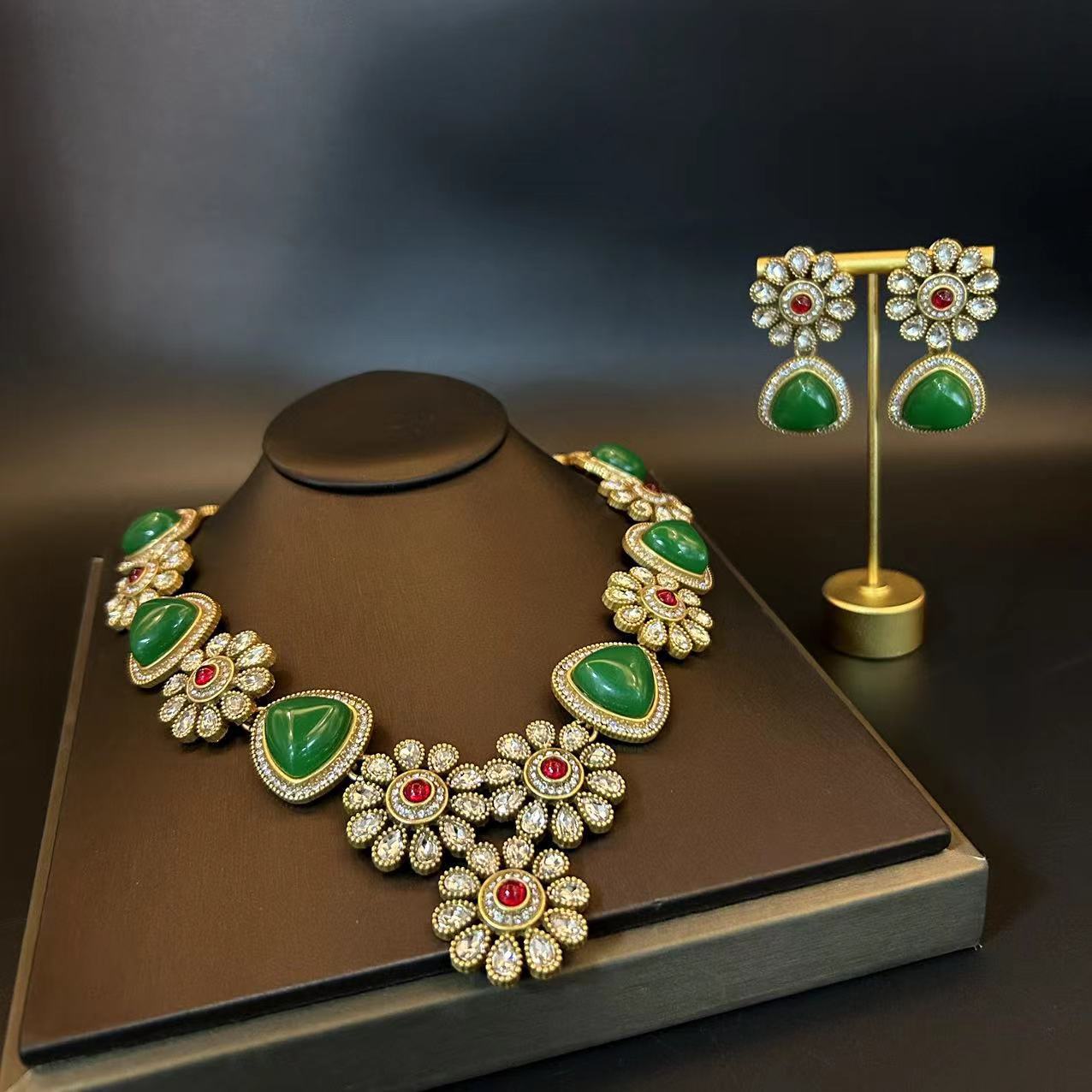 Vintage Luxury Emerald Necklace Set with Rhinestone in Necklace, Earrings and Studs
