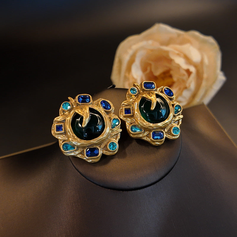 Vintage Blue Rhinestone Bracelet Set with Green Sunflower Stud Earrings, Branch Chain Necklace,and Bracelet