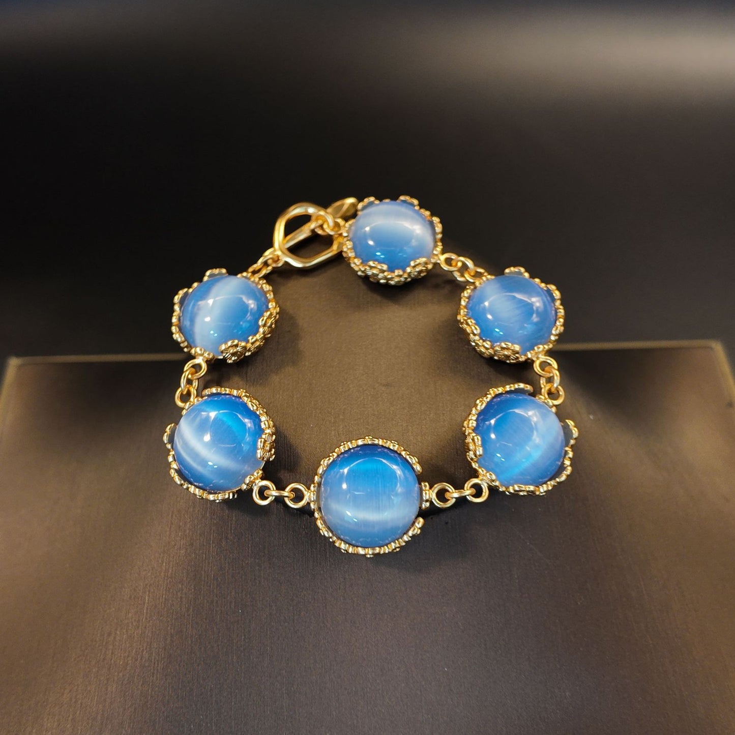 Vintage Blue Cat Eye Stone Flower Embossed Pattern Bracelet and Necklace with Hook Earrings