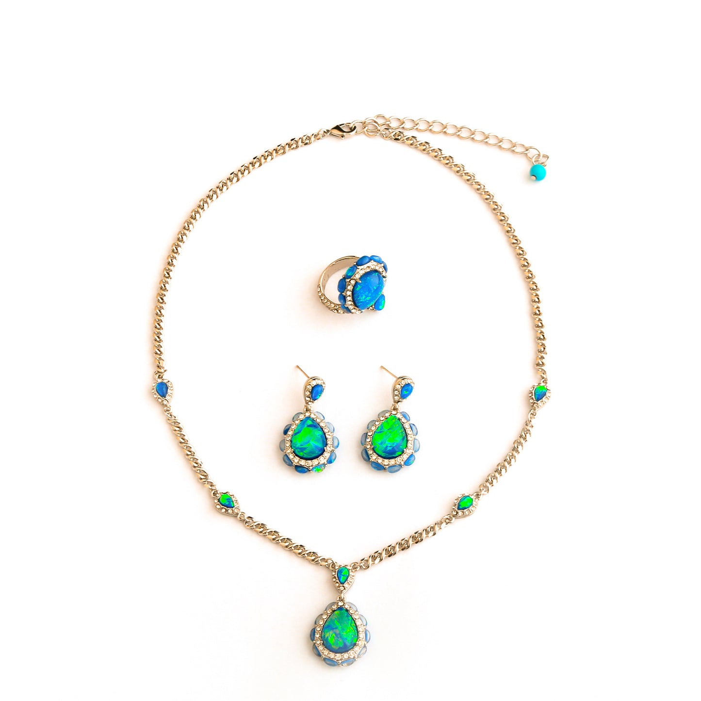 VIntage Blue Platinum Resin Necklace  Earrings  Ring Jewelry Three-Piece Set