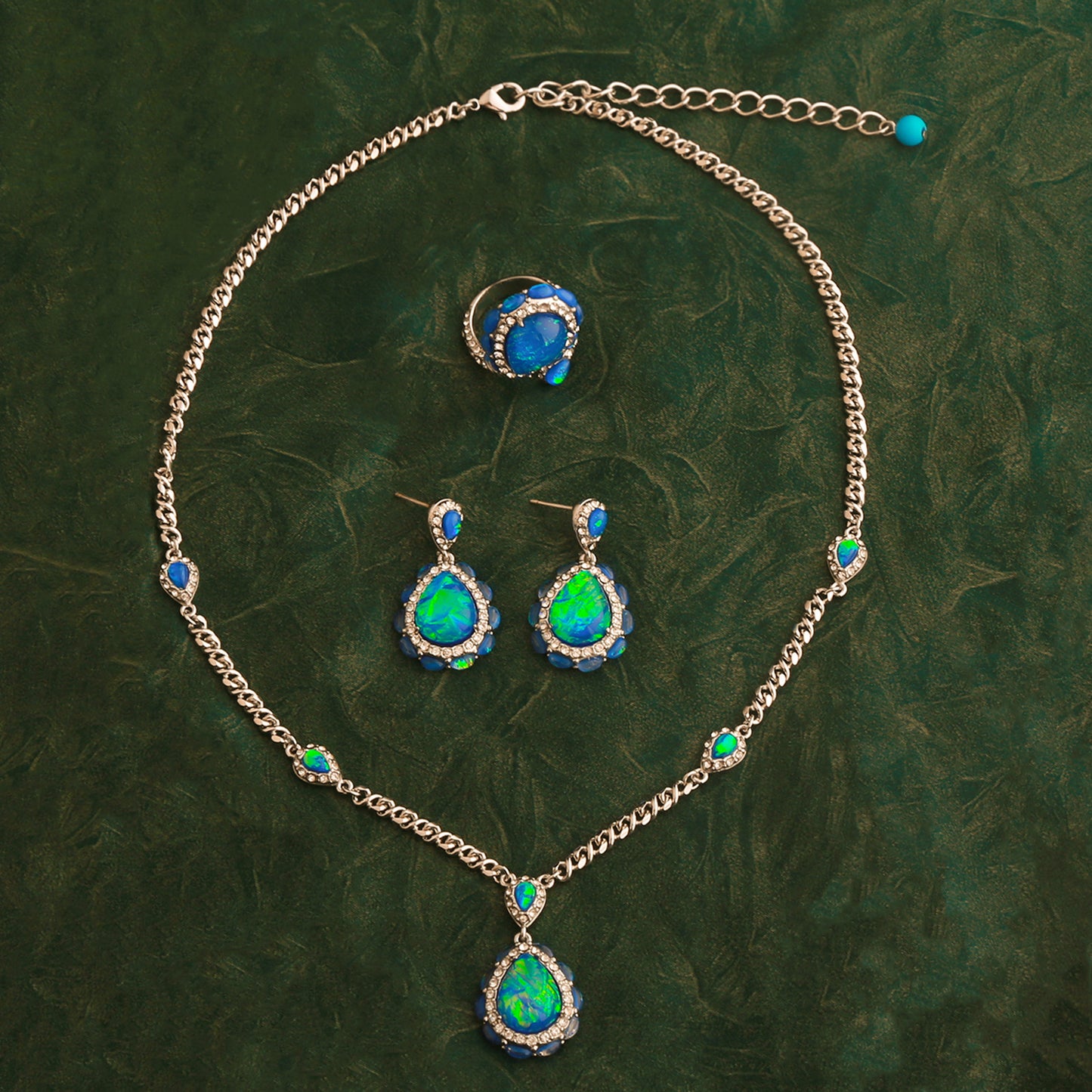 VIntage Blue Platinum Resin Necklace  Earrings  Ring Jewelry Three-Piece Set