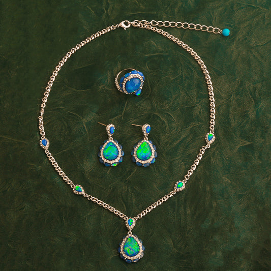 VIntage Blue Platinum Resin Necklace  Earrings  Ring Jewelry Three-Piece Set